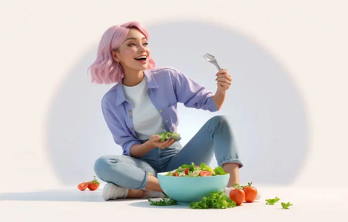 Eating Salad Scene with Woman Cartoon 3D Image Illustration image